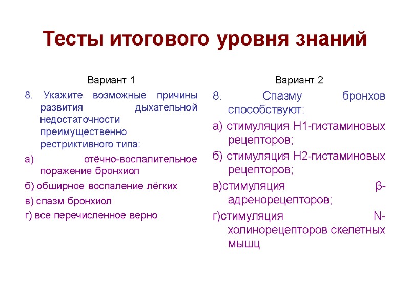 Тесты итогового уровня знаний Вариант 1 8. Укажите возможные причины развития дыхательной недостаточности преимущественно